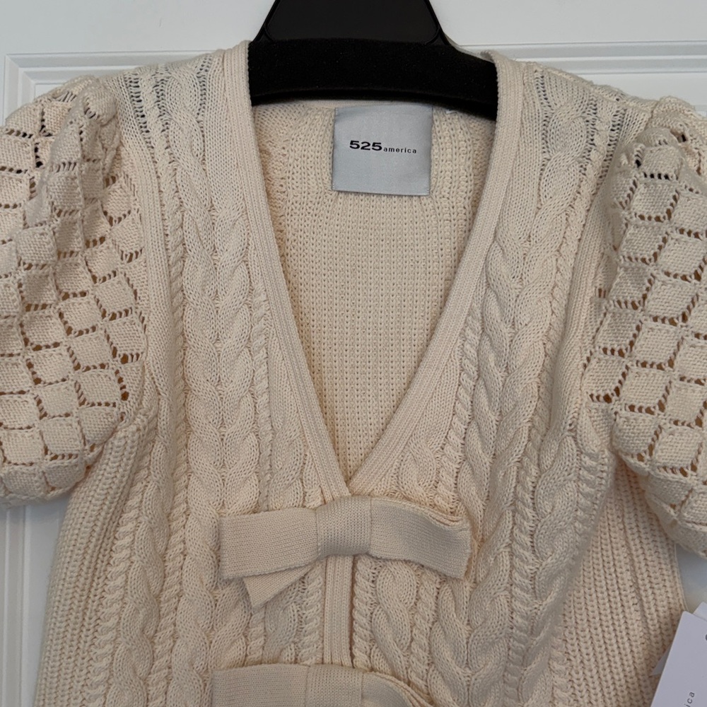 525 America Cream Cable Knit Puff Sleeve Short Cardigan - Picture 2 of 12